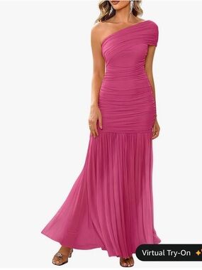 One-Shoulder Ruched Bodice Maxi Dress in Magenta